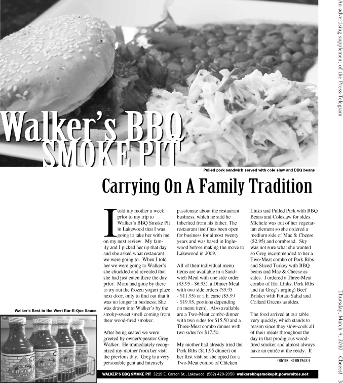 Walker's BBQ - Press Telegram Cheers Magazine Article